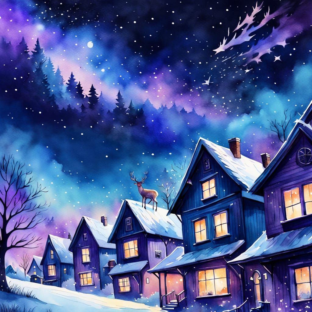 Whimsical Deer Flies Over Winter Houses, Watercolor Sketch