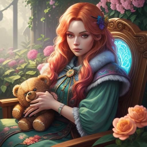 Teddy Bear in Neon Flower Chair: Digital Art