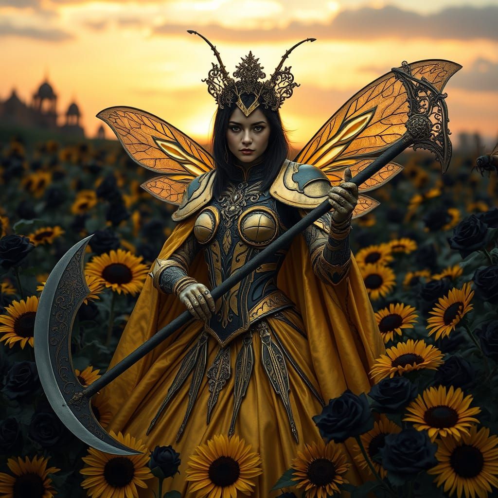 Gothic Bumblebee Battle Queen in Dark Fantasy Armor