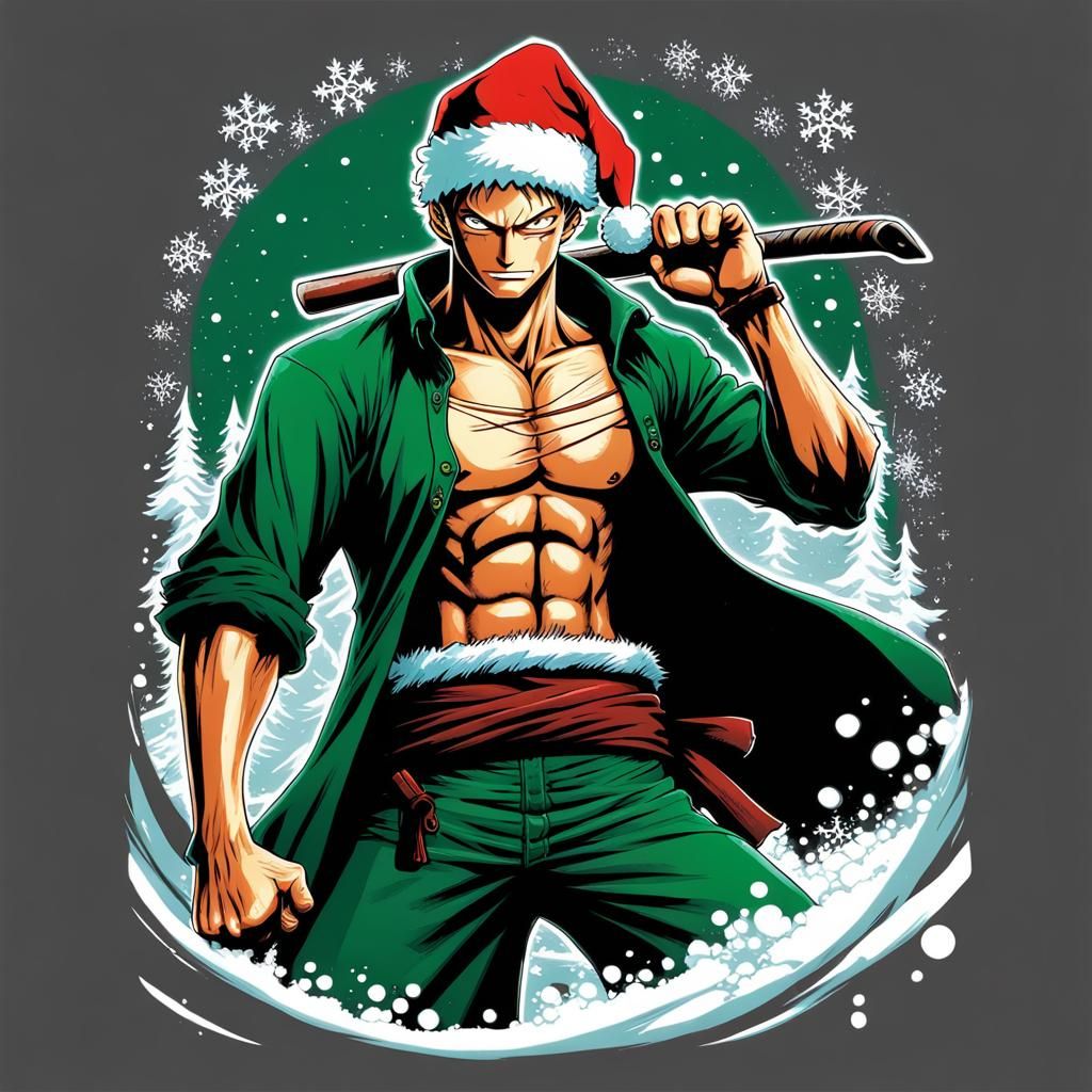 Roronoa Zoro Santa Hat T-Shirt Design in Comic Art