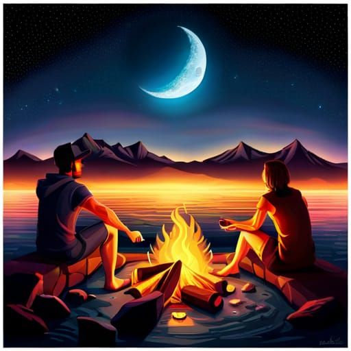 Cozy Campfire Scene with Adventurers Under the Stars