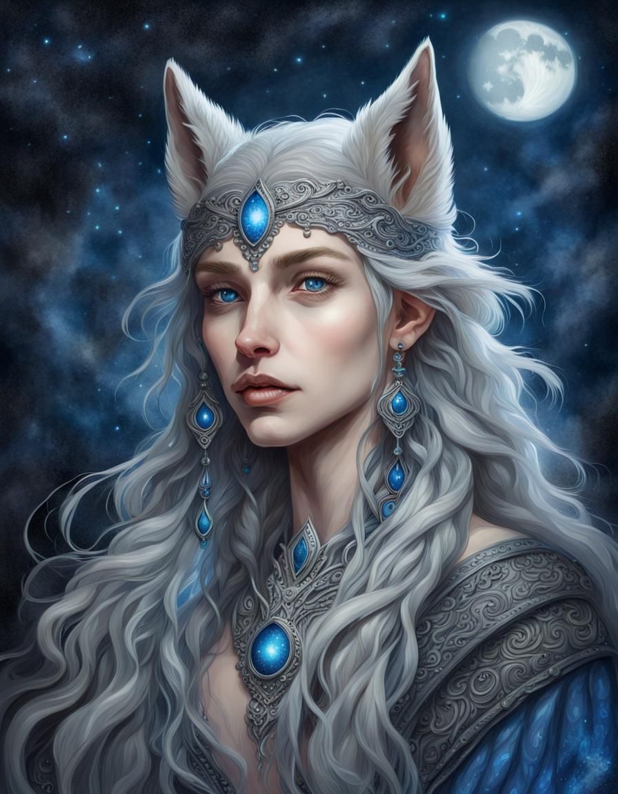 Fantasy Wolf Elf Portrait Under Full Moon
