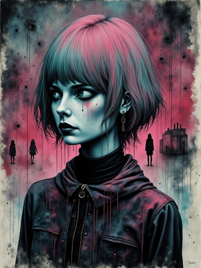 Surreal Gothic Woman in Vibrant Double Exposure Portrait