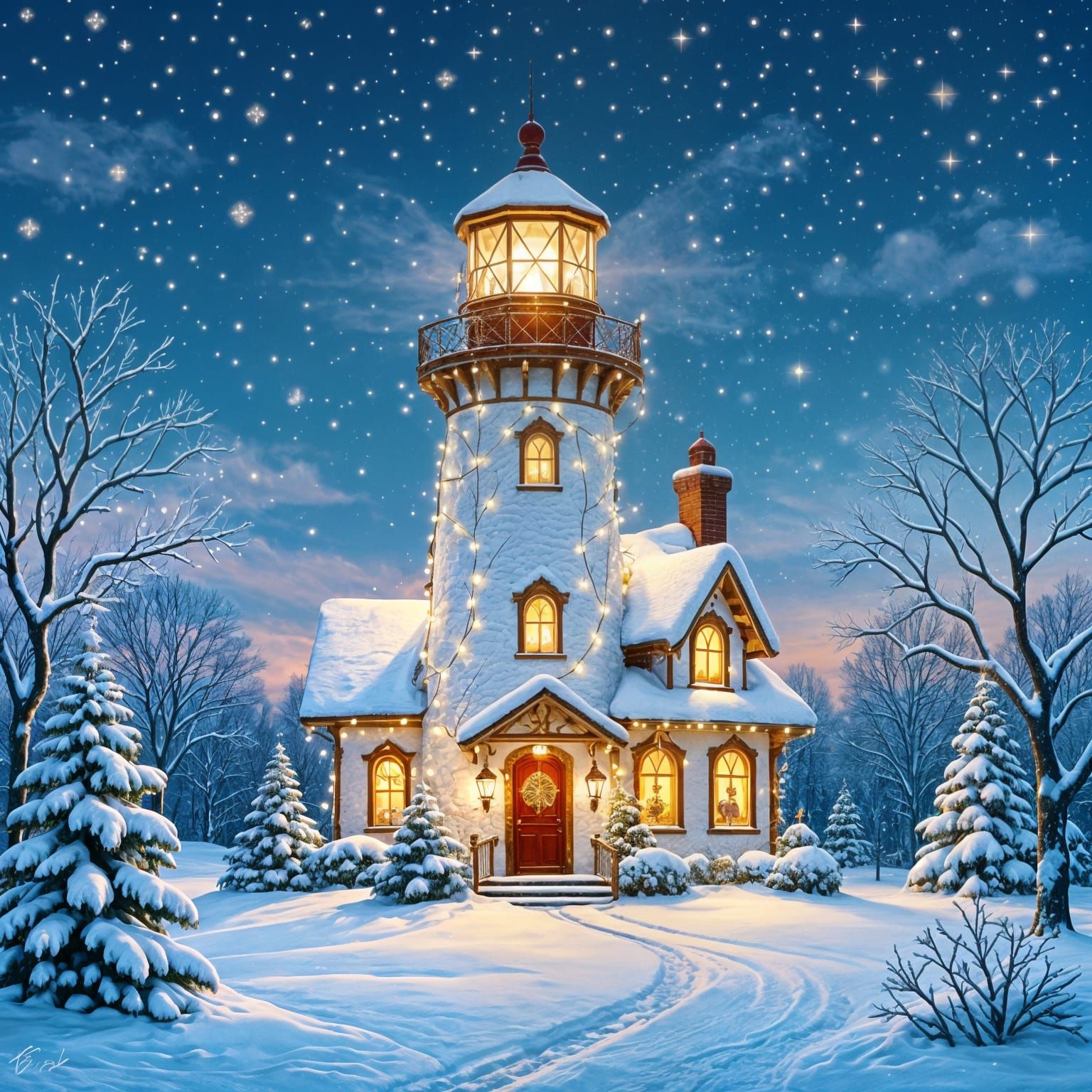 Enchanted Christmas Lighthouse With Twinkling Fairylights