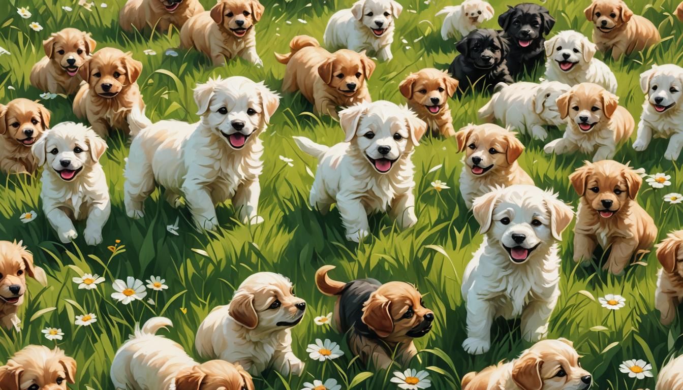 Puppies Playing in Meadow: Whimsical Digital Art