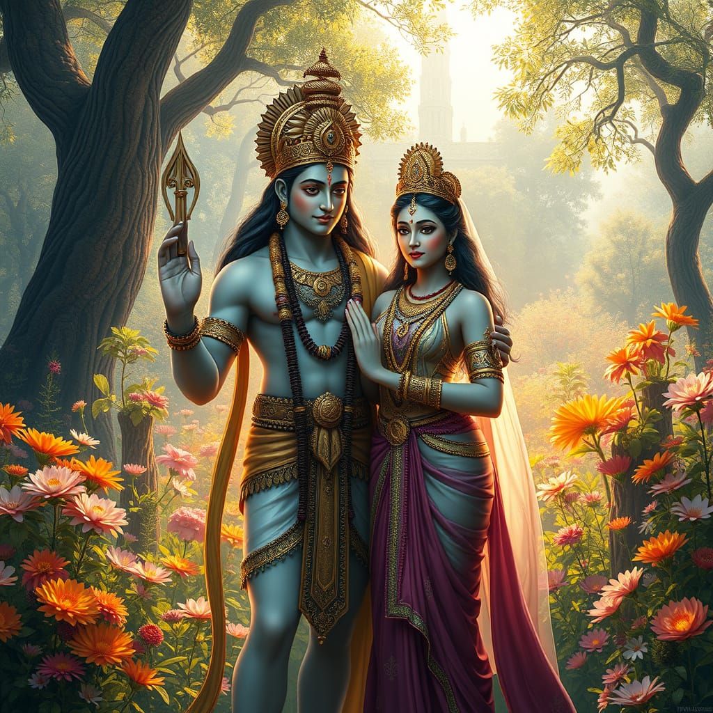 Photorealistic Hindu Gods of Love in Lush Garden