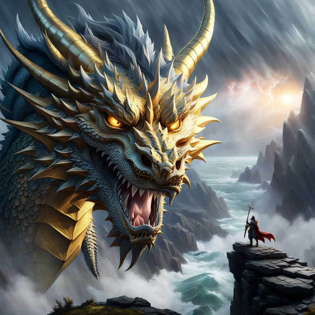 Gold Dragon and Knight on Cliff in Digital Art