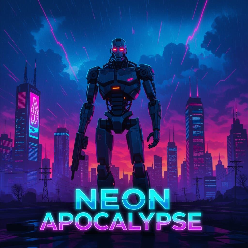 Cyborg in Neon Apocalypse Cityscape, Retro-Futuristic Style