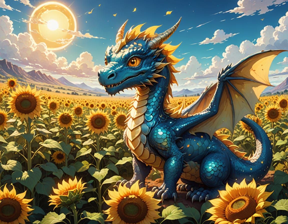 Cute Anime Dragon Plays in Heart-Shaped Sunflowers