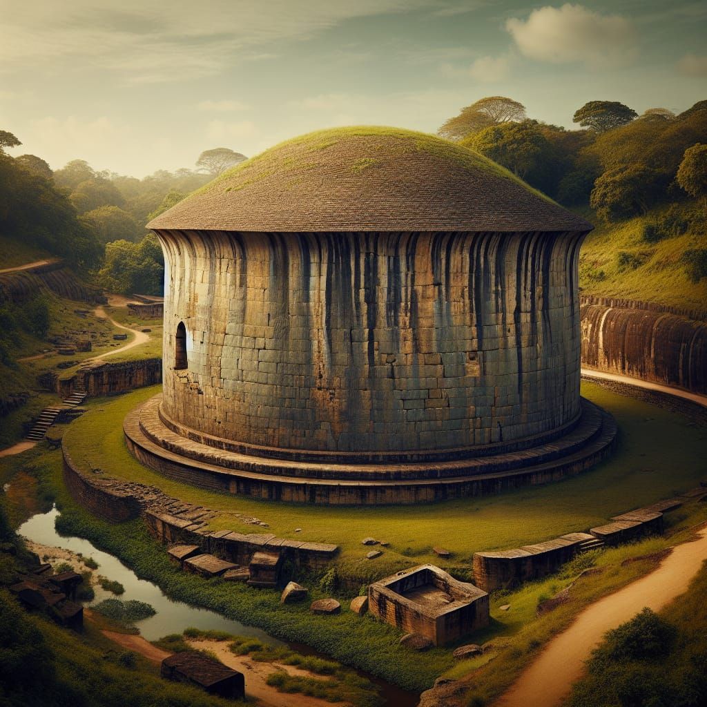 Ancient Dagaba Cistern in Tropical Landscape