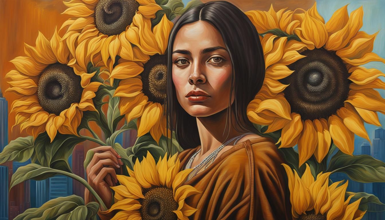 Beautiful Woman with Sunflower in Graffiti Art Style