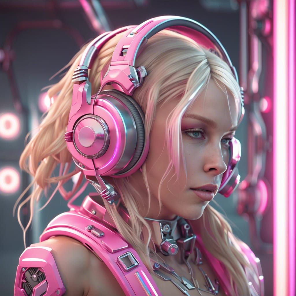 Futuristic Blonde Girl with Pink Bikini and Headphones