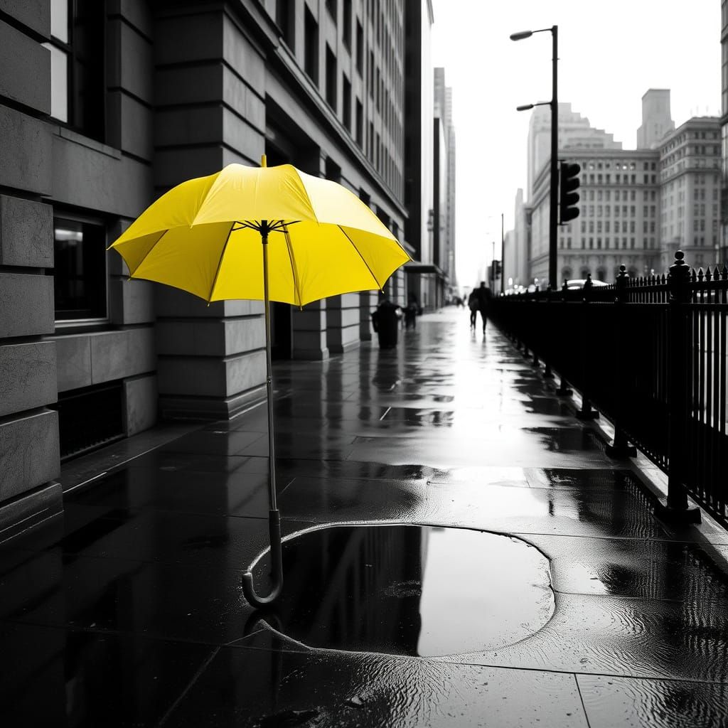 A Single Yellow Umbrella Stands Out in a Monochrome City