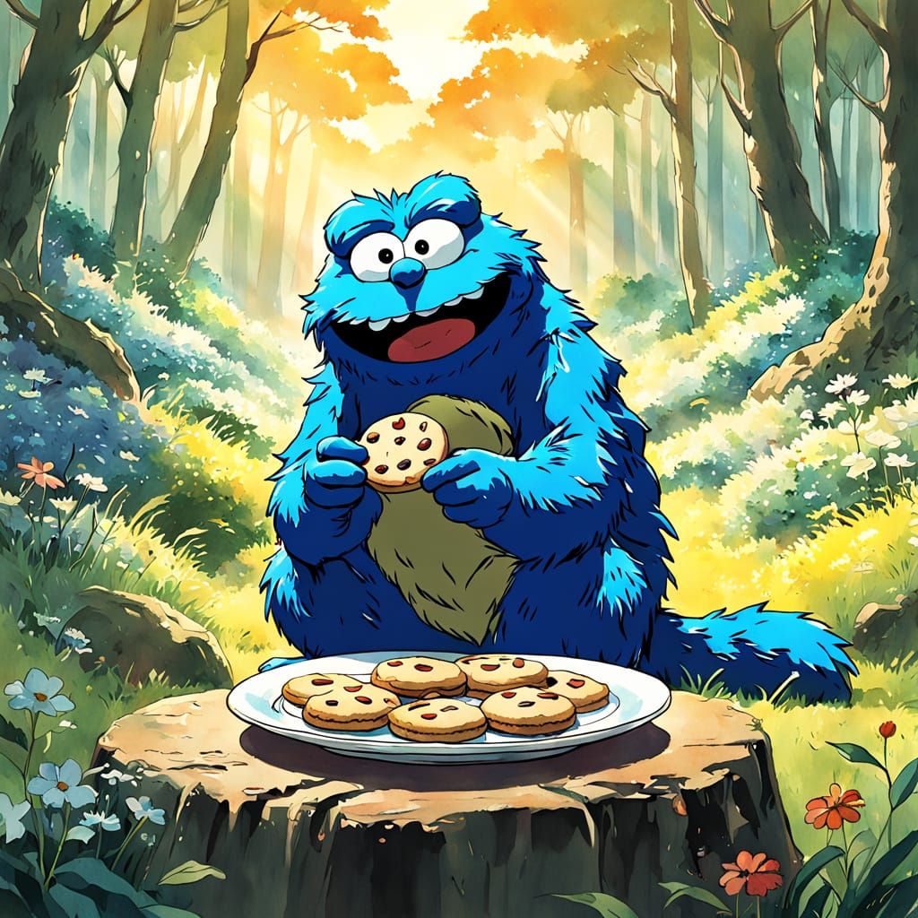 Cookie Monster in Whimsical Forest Paradise