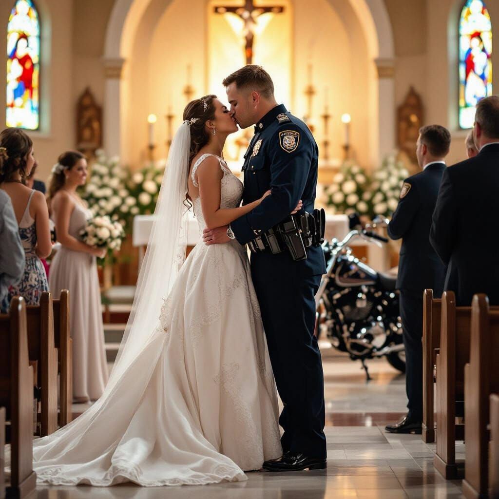 Elder Policeman Kisses Bride at Altar in 1990s Church