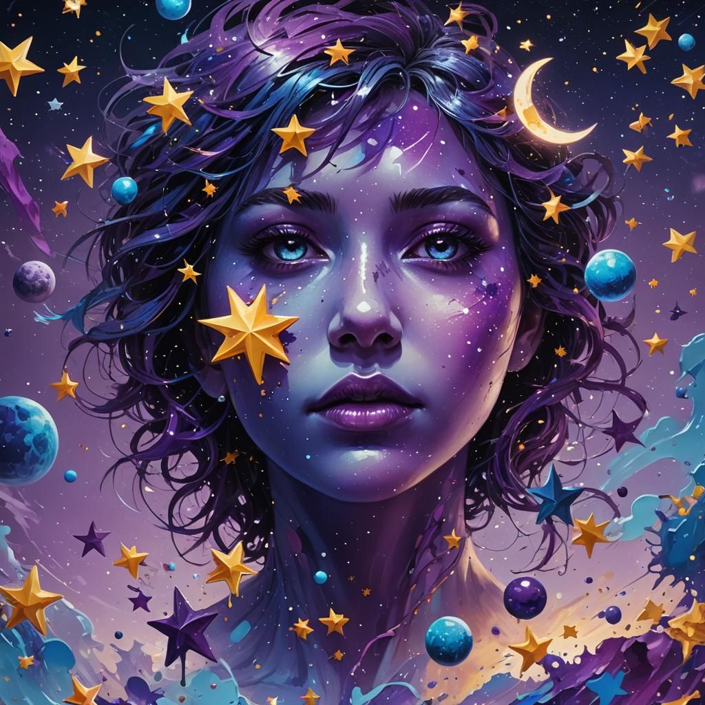 Hyperrealistic Stars and Moons in Splash Art Style