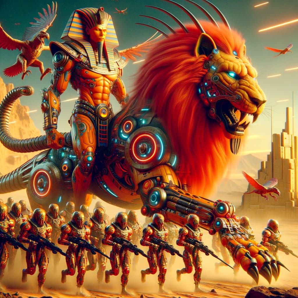 Futuristic Pharaoh Leads Mummy Army in Desert War