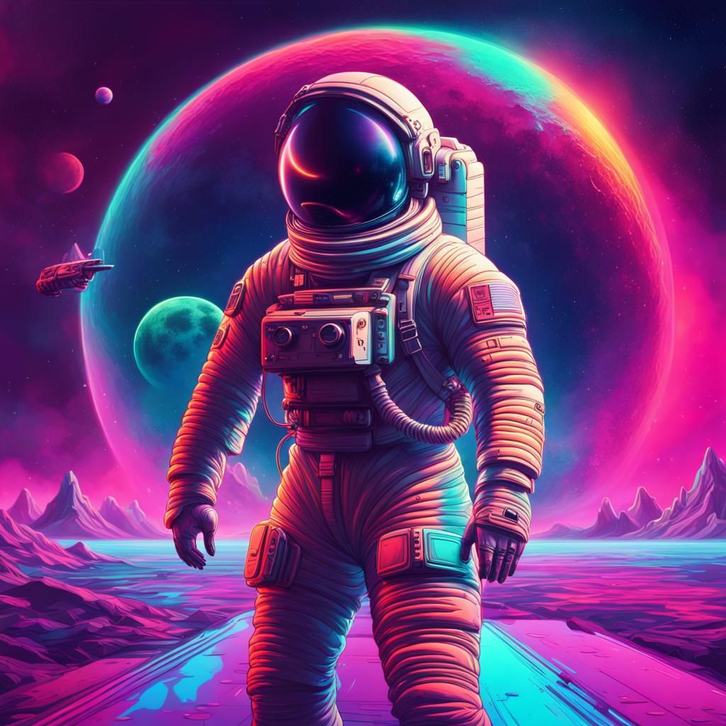 Neon Retro Spaceship Nightscape with Astronaut