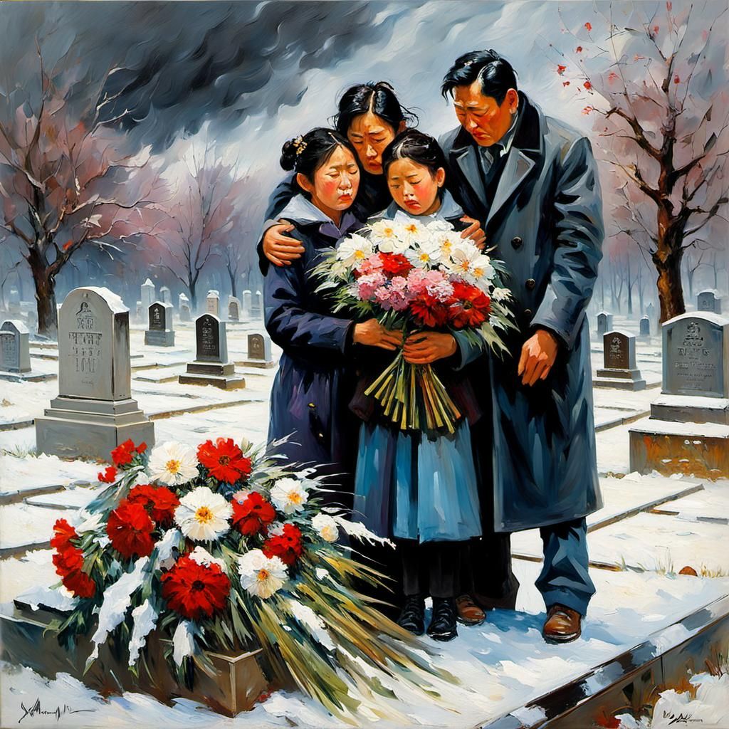 Grieving Family at Gravesite: Impressionistic Oil Painting