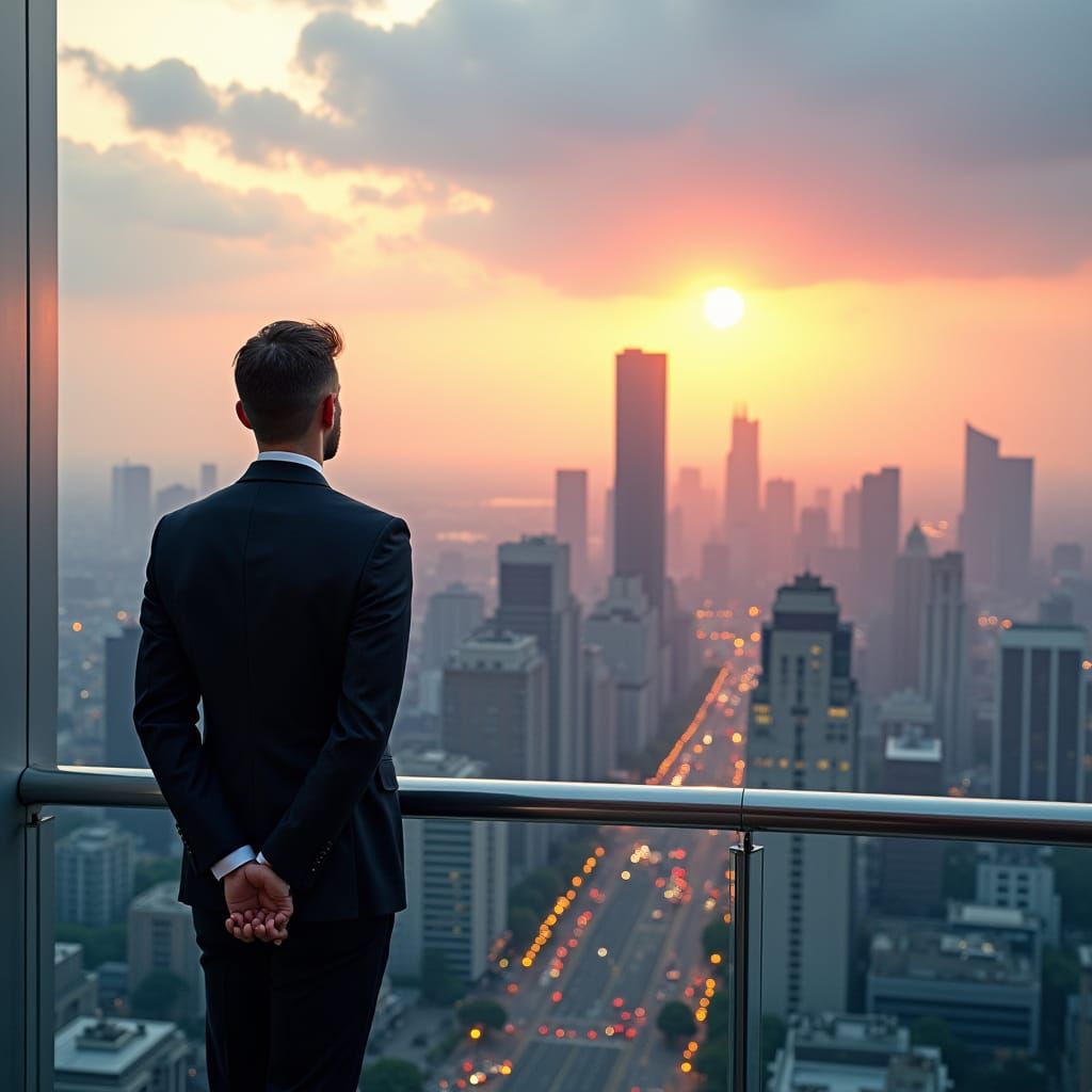 Executive Overlooking Metropolis at Sunset