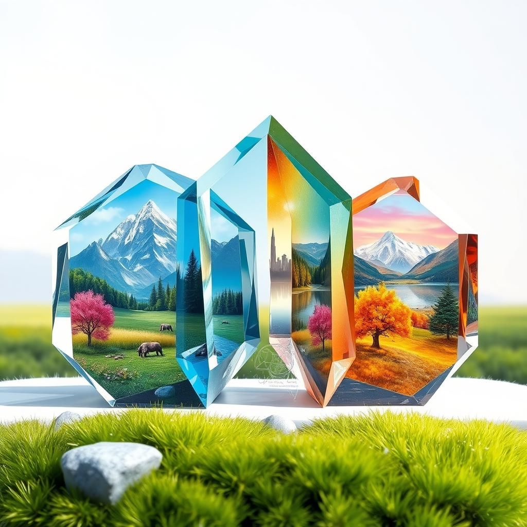Seasonal Landscapes in Crystal Orbs: 3D Digital Art