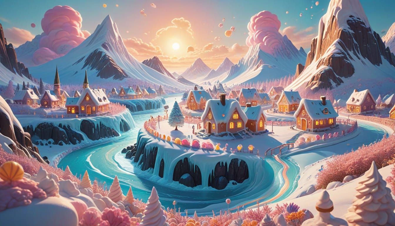 Ice Cream Eskimo Village in Pastel Fantasy Art