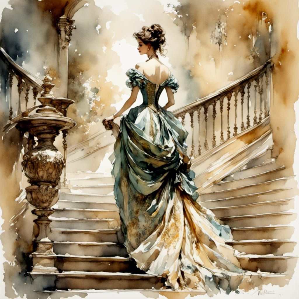 Beautiful woman wearing a baroque dress walking up stairs