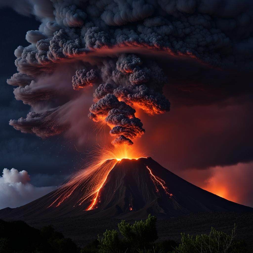 Volcanic Eruption Under Thunderstorm at Night