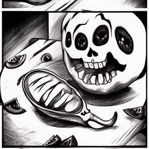 Skeleton Eats Watermelon in Anime Style