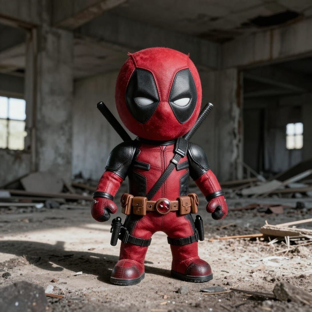 Fluffy Deadpool Toy in Gritty Urban Setting