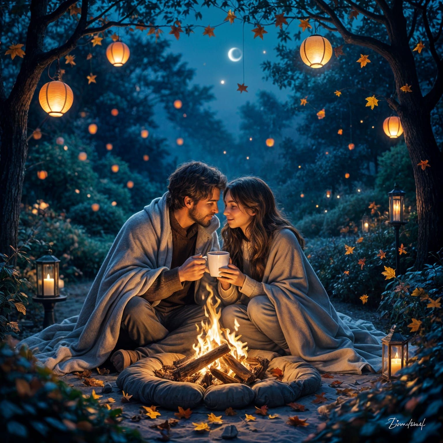 Cozy Bonfire Scene with Couple in Garden