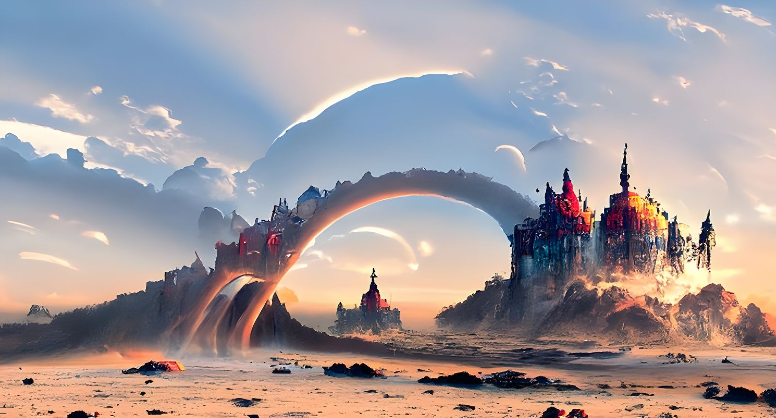 Fantasy Castle Sunset Painting in Hyperreal Style