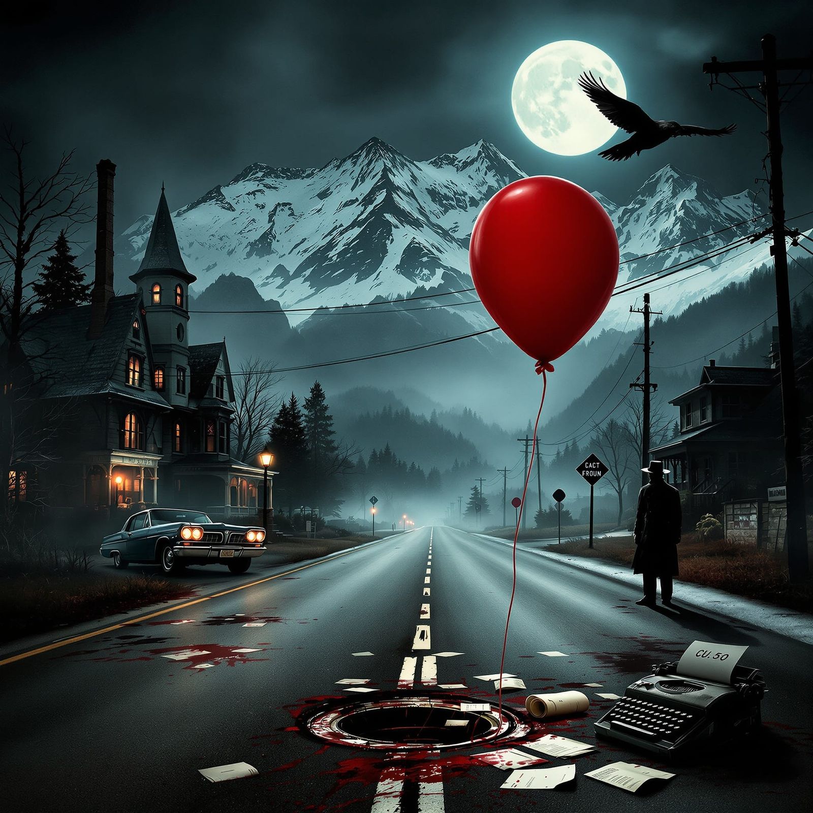 A dark, cinematic collage-like scene inspired by Stephen Kin...