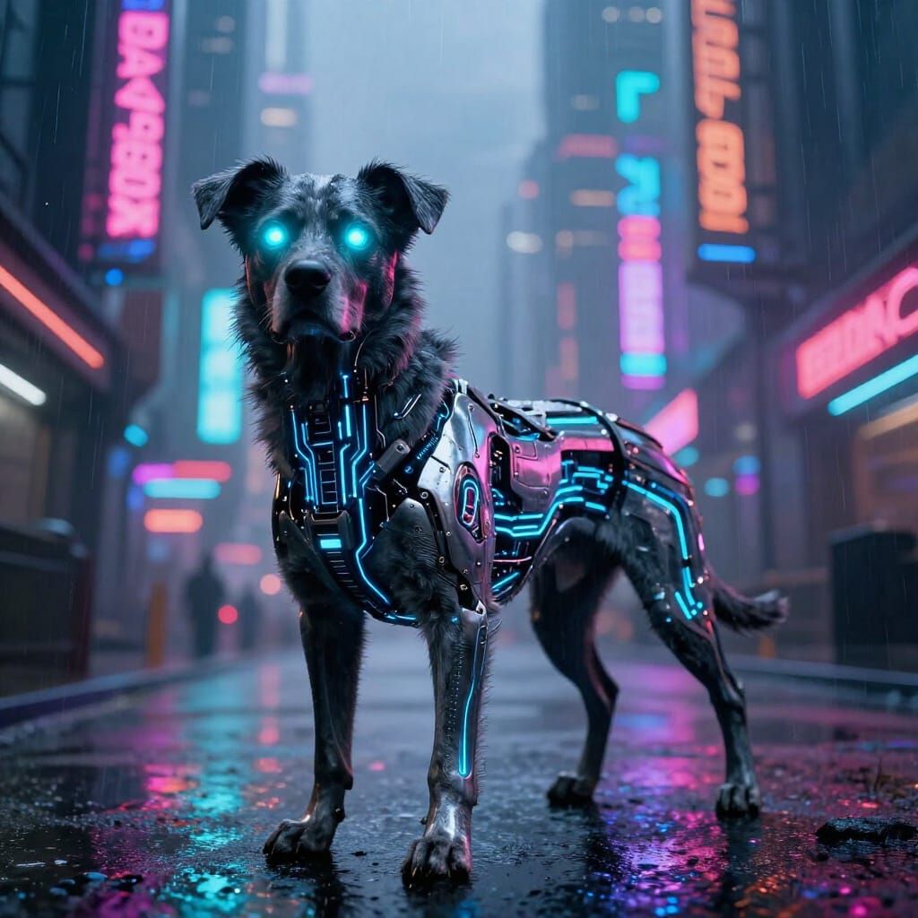 Cyberpunk Dog with Neon Circuits and LED Eyes