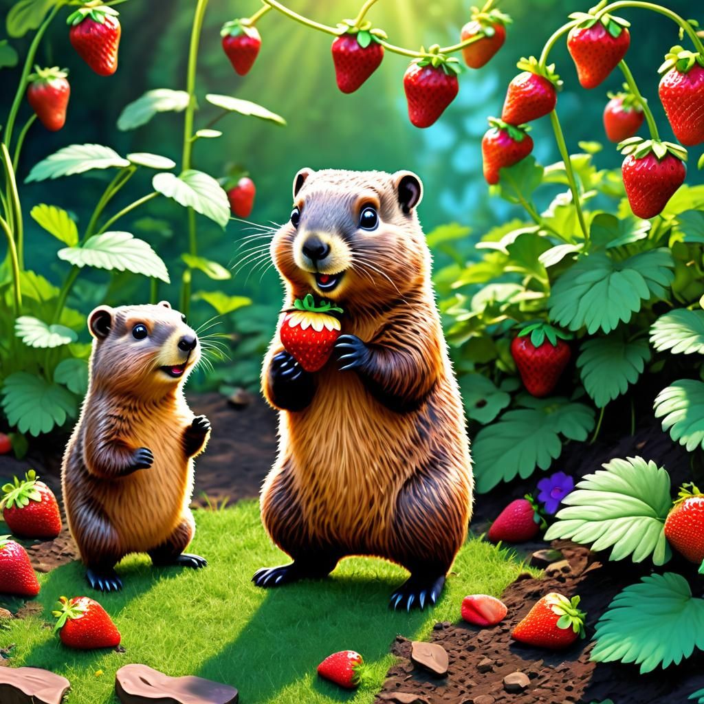 Cartoon Groundhog Feasting in Lisa Frank Style