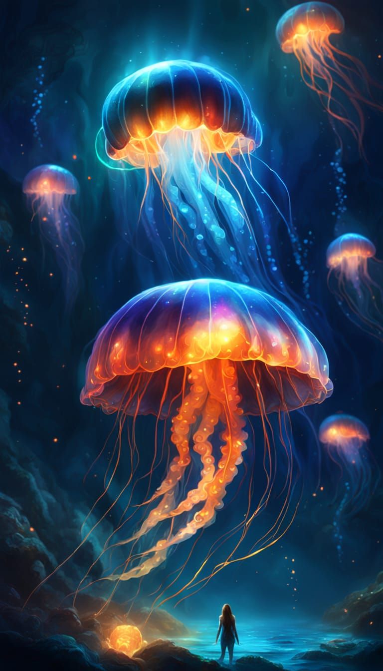 Mystical Jellyfish Guides Mermaid: Fantasy Oil Painting