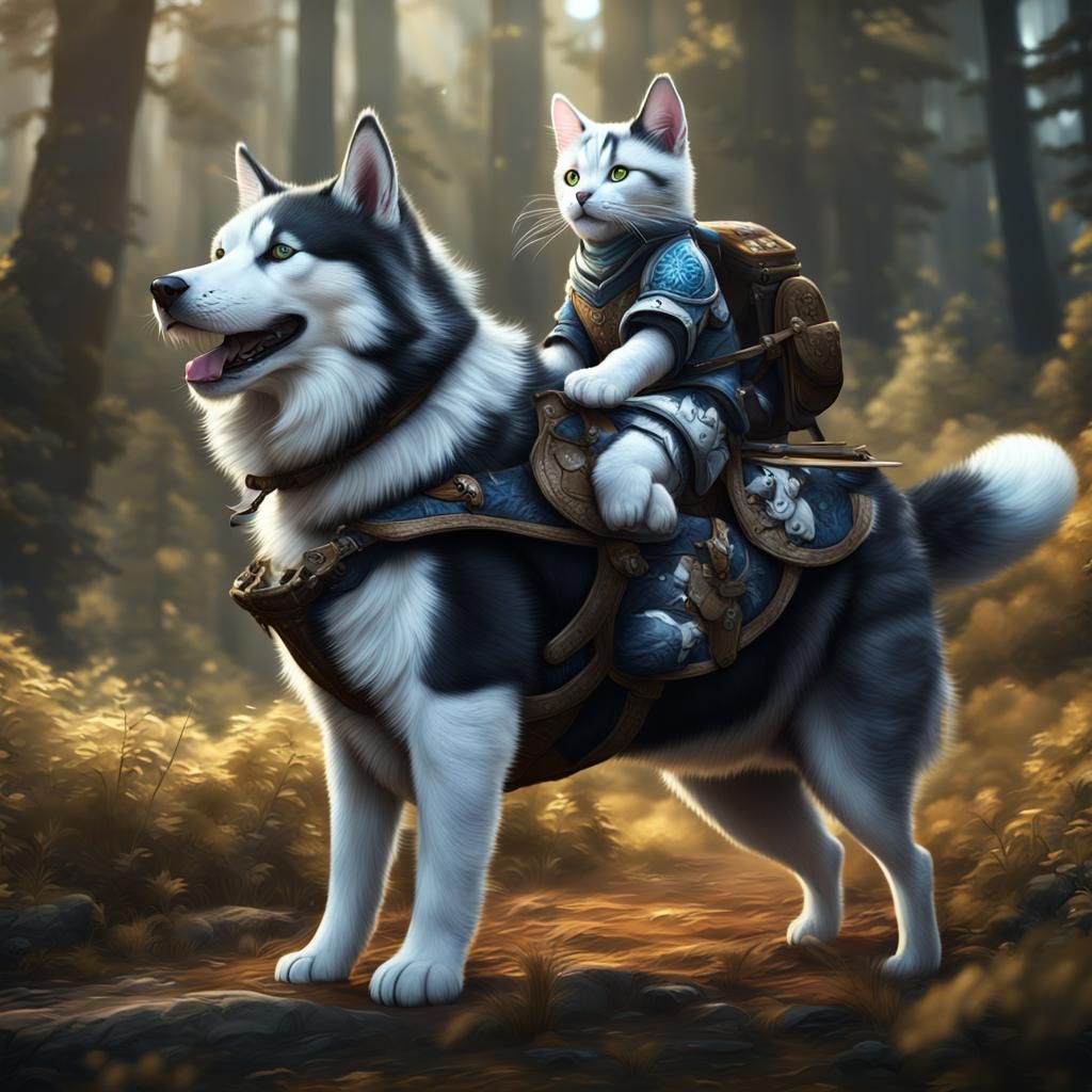Cat Rides Husky in Detailed Fantasy Painting