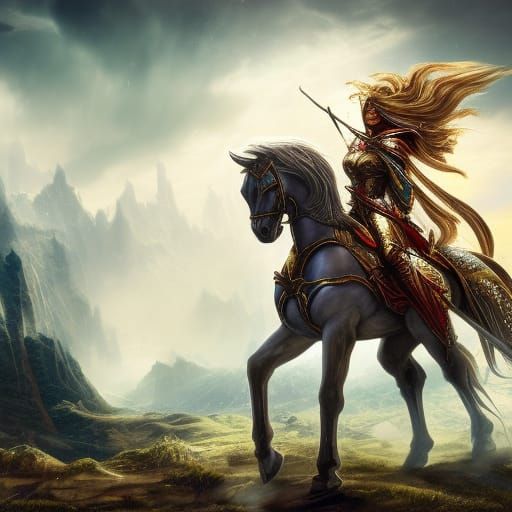 Radiant Knight on Stallion in Epic Fantasy Setting