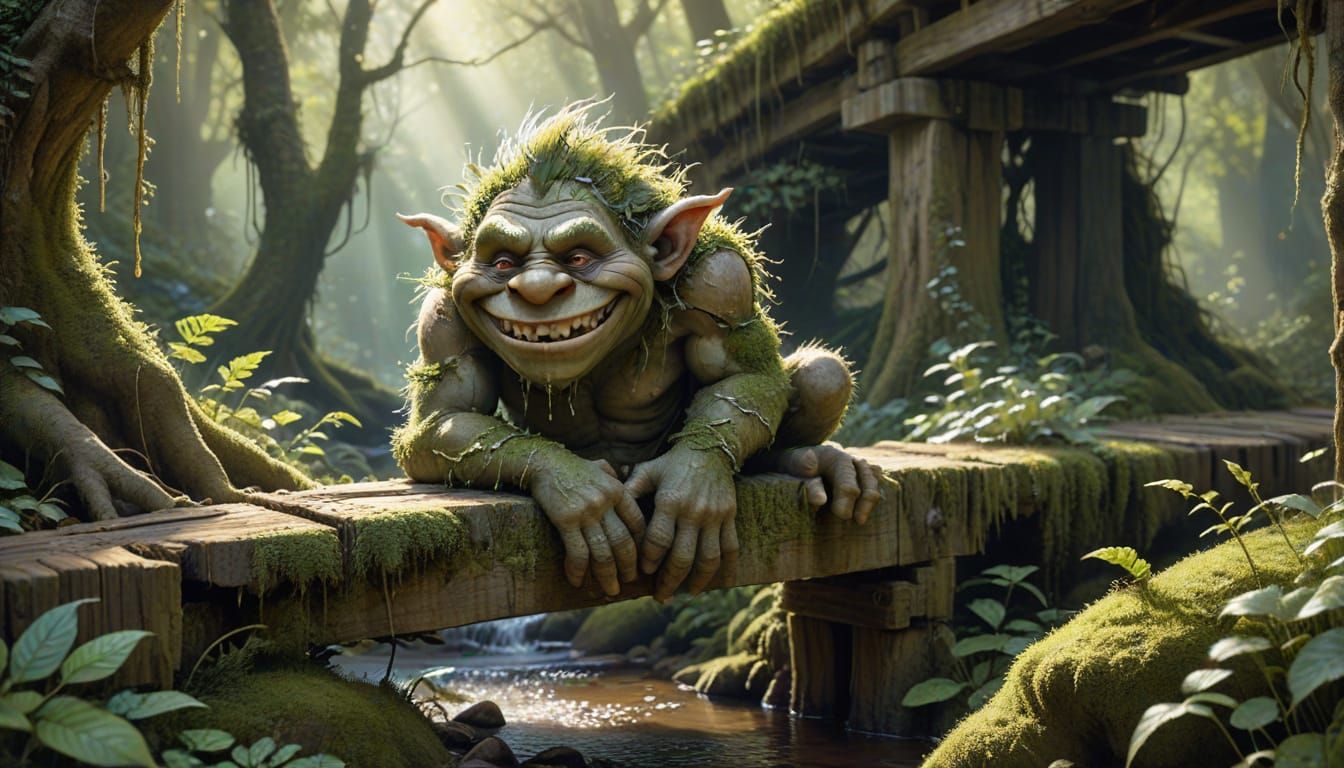 Mischievous Moss Troll in Lush Forest, Watercolor