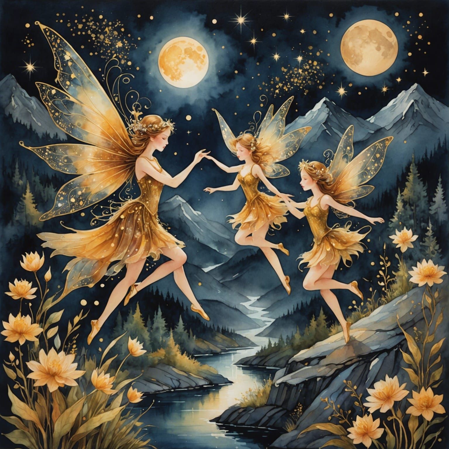 Magical Fairies in Moonlit Mountains Watercolor Painting