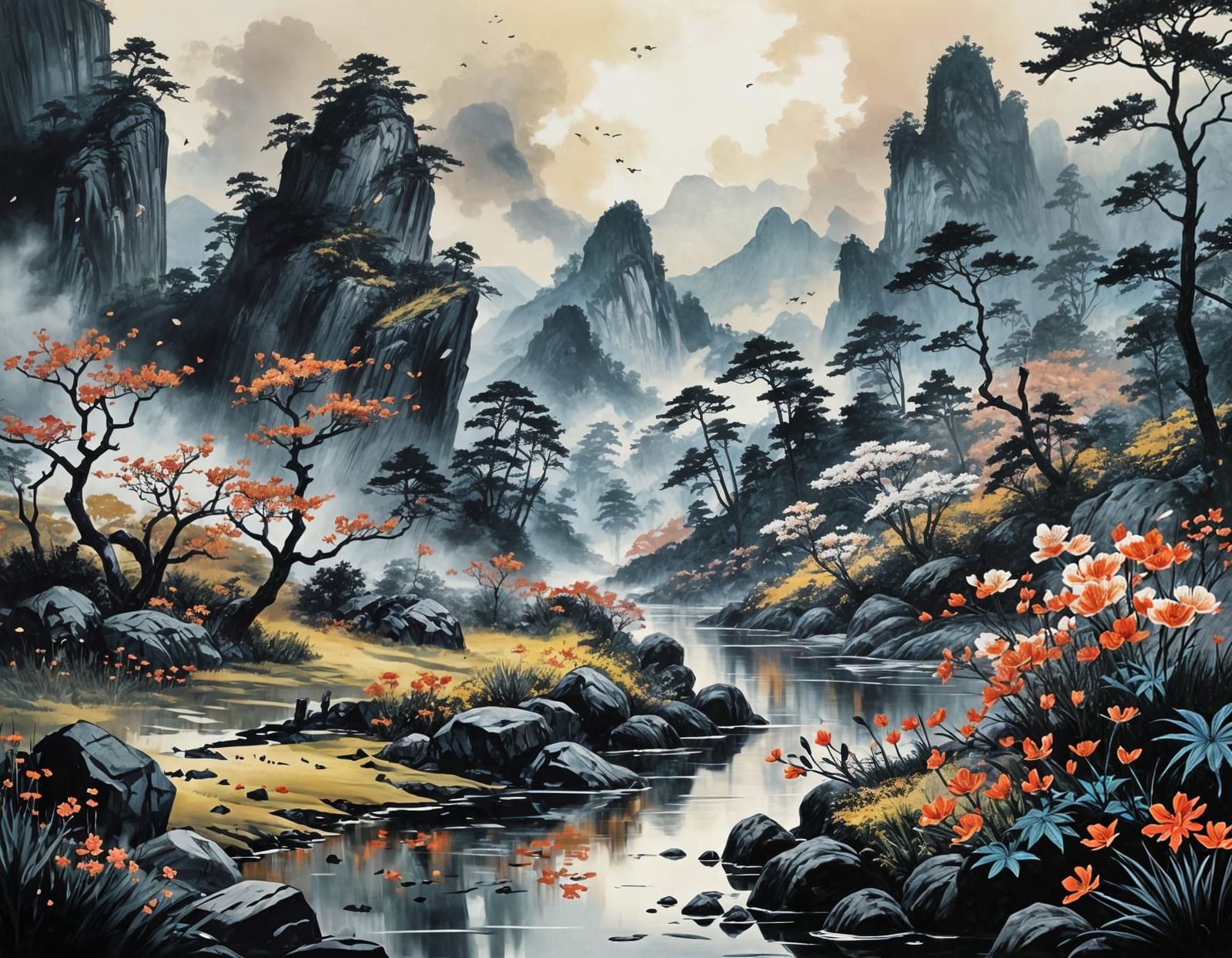 Vibrant Floral World in Cyberpunk Sumi-E Style