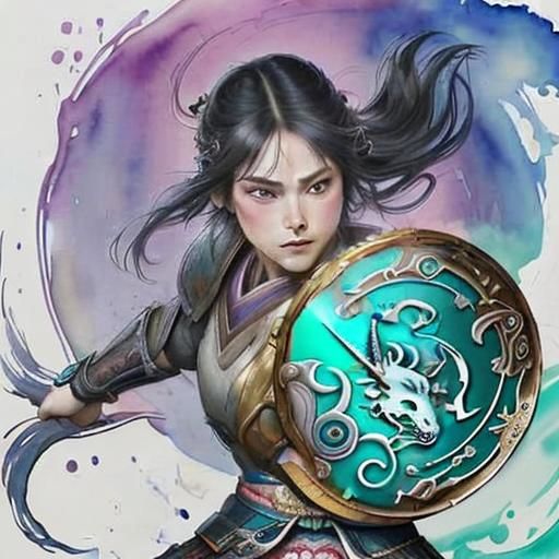 Samurai Shield in Rokugan: Fantasycore Watercolour Art