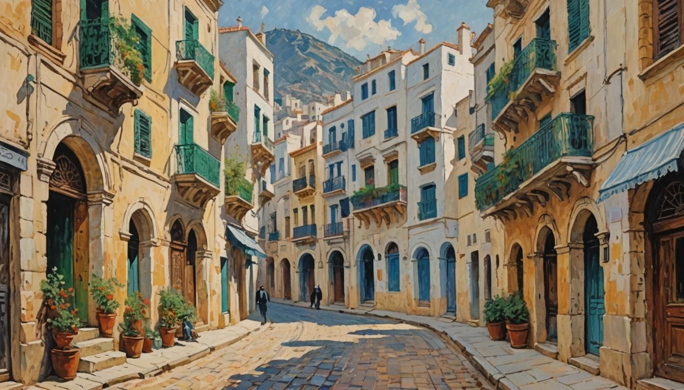 Algiers Street Scene in Neo-Impressionist Style