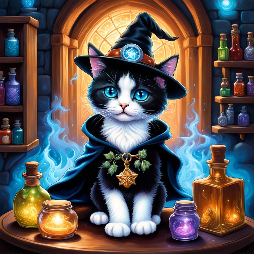 Whimsical Tuxedo Kitten Wizard in Dungeon, Airbrush Art