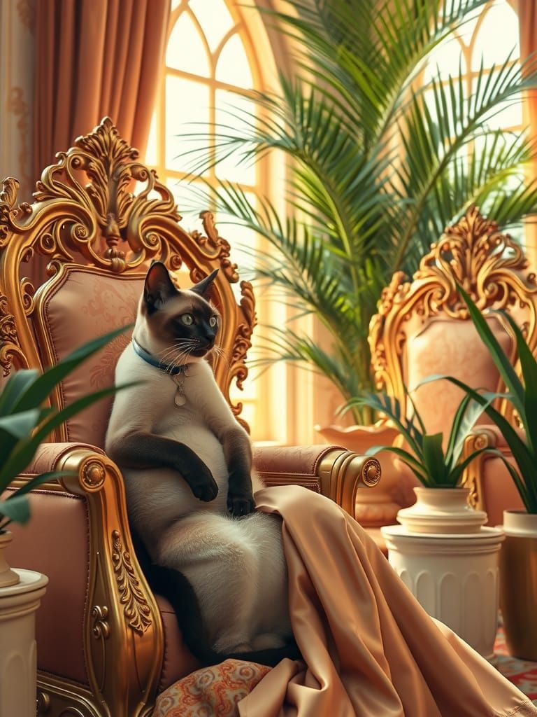 Elegant Siamese Cat and Owner in Palace Interior
