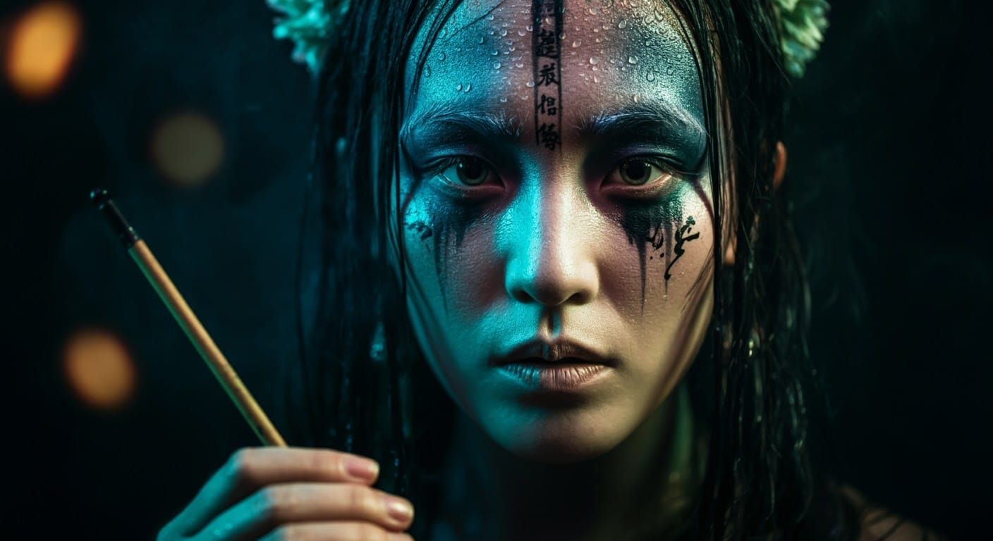 Mesmerizing Woman with Calligraphy Brush in Atmospheric Ligh...