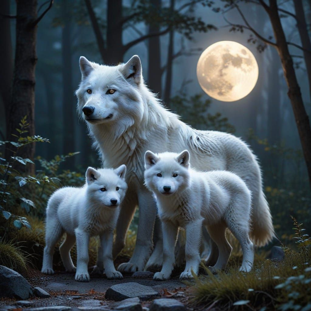 Dreamlike Moonlight Scene: White Wolf and Cubs