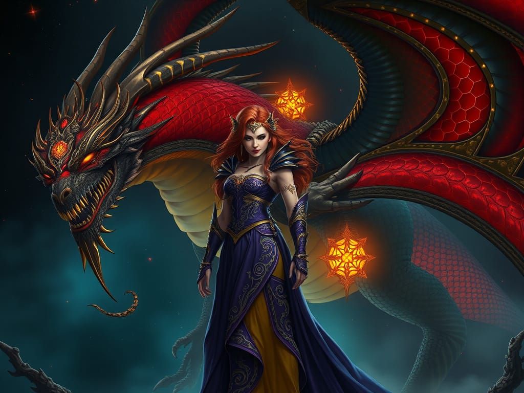 Majestic Heroine Stands Beside Ancient Dragon in Dark Fantas...