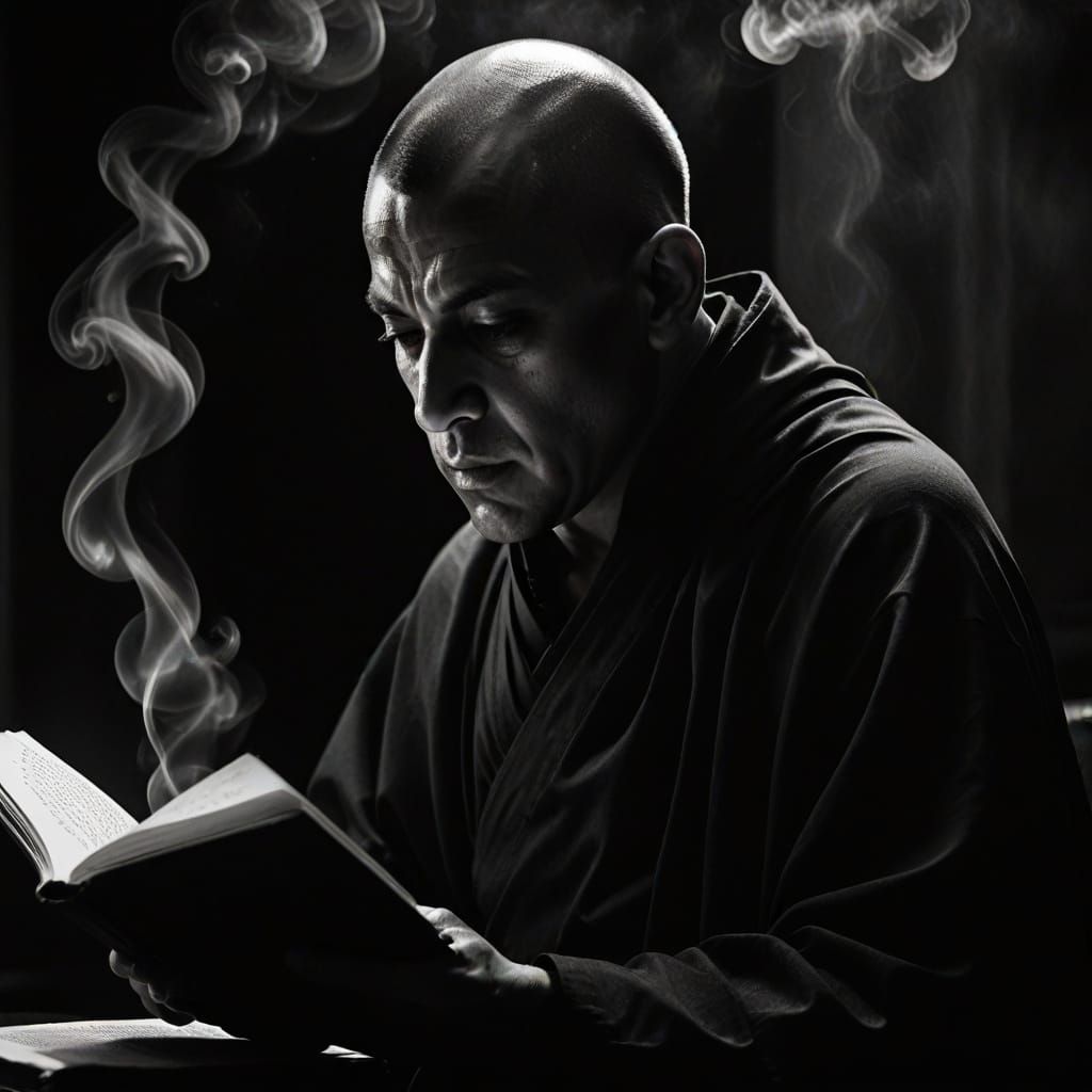 Monk Reading in Film Noir Style with Smoke