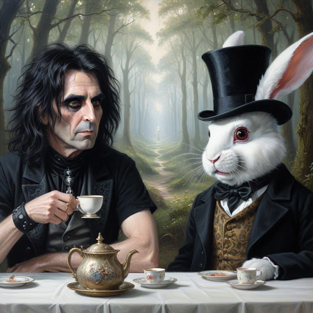 Eccentric Gentleman and White Rabbit Share Tea in Whimsical ...